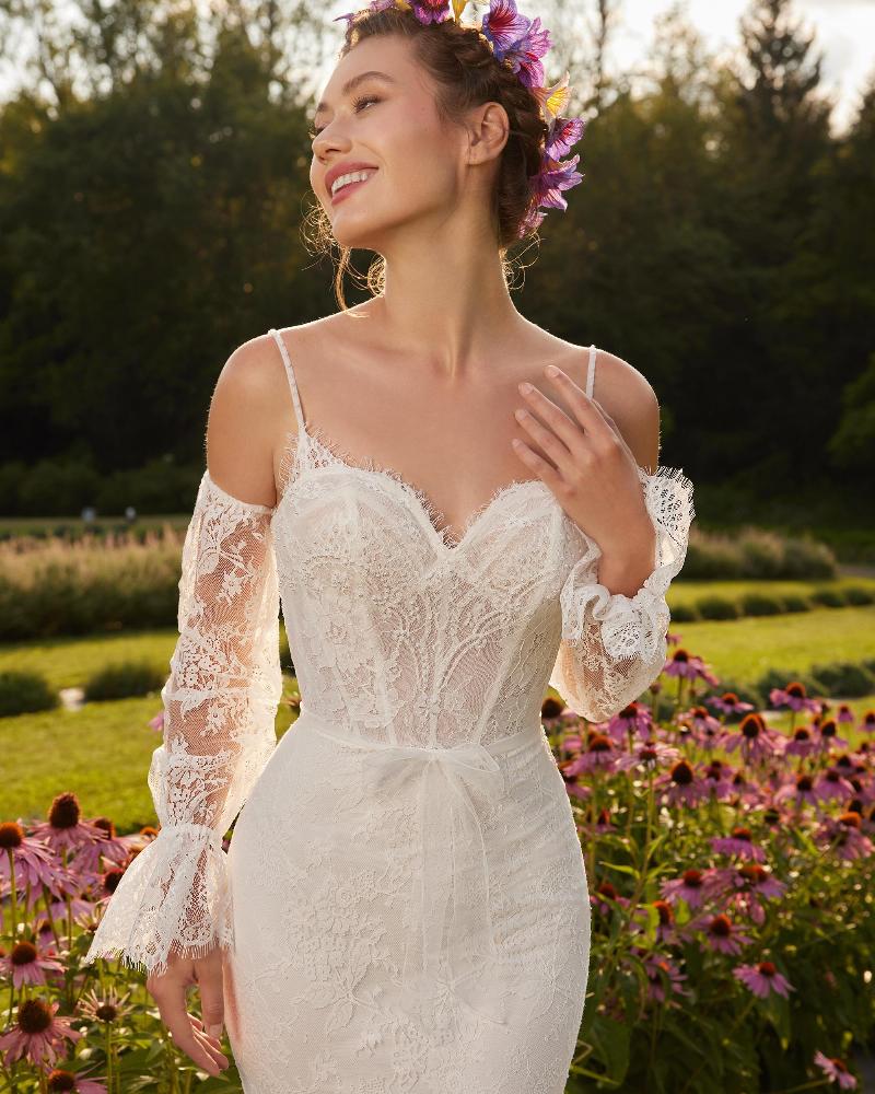 Lp2201 lace sheath wedding dress with sleeves and spaghetti straps3
